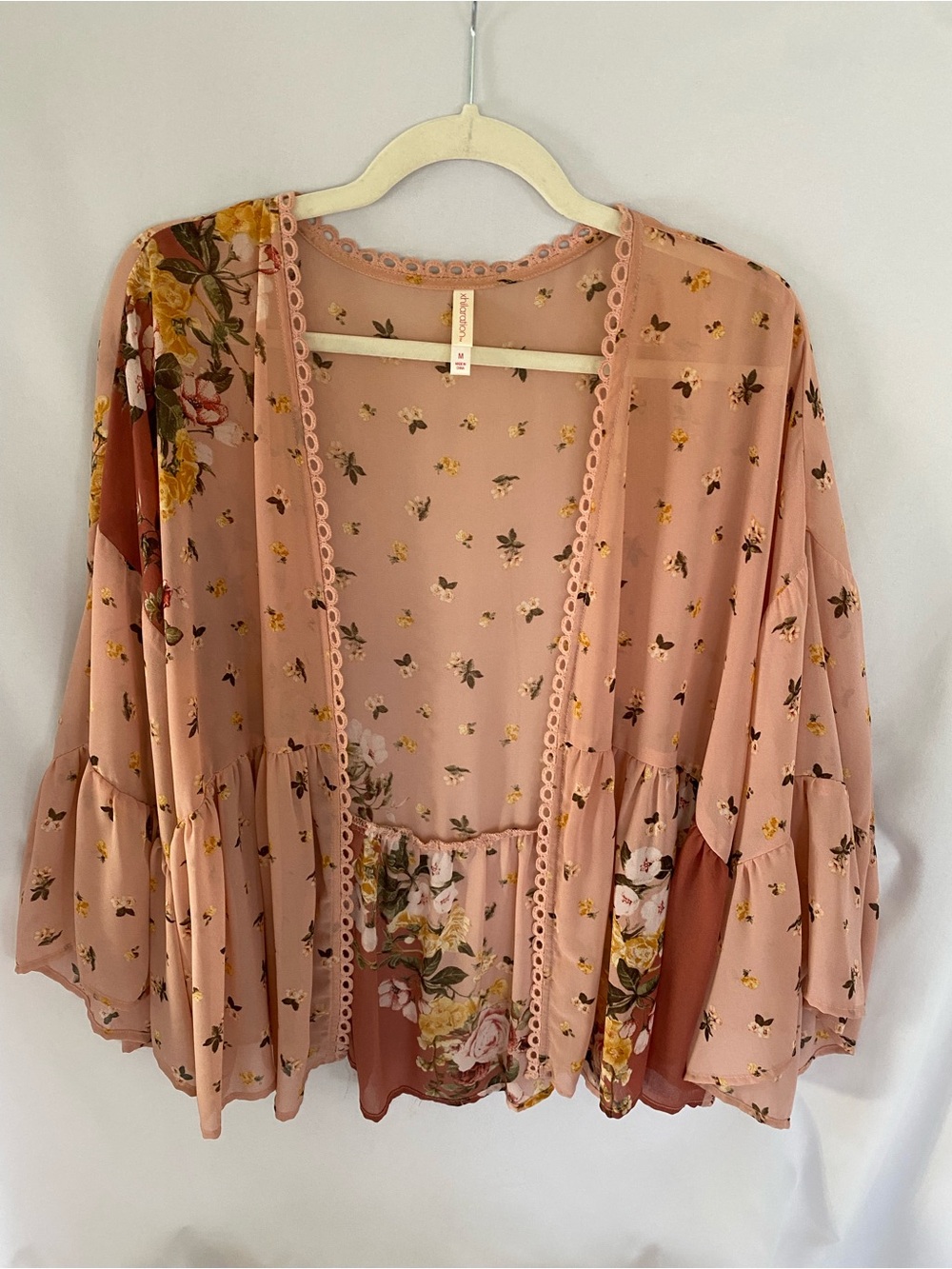 Peachy-Pink Floral Open-Front Kimono